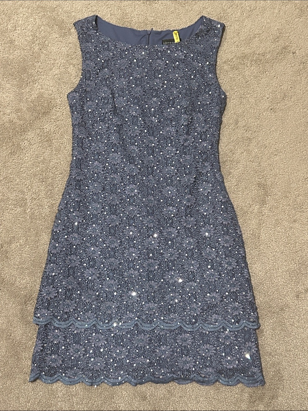 Sleeveless Sparkle sequin Lace Shift Dress Blue Gray Scalloped Hem Cocktail 10